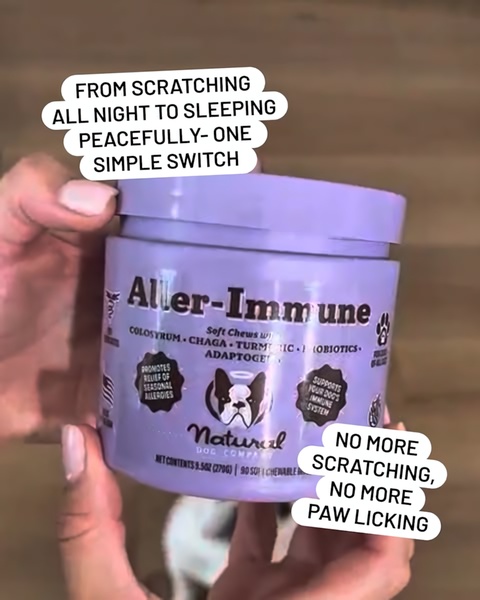 A 4:5 aspect ratio static creative featuring a dog supplement jar held by a person, using clear, benefit-driven text overlays to highlight relief from scratching and paw licking.